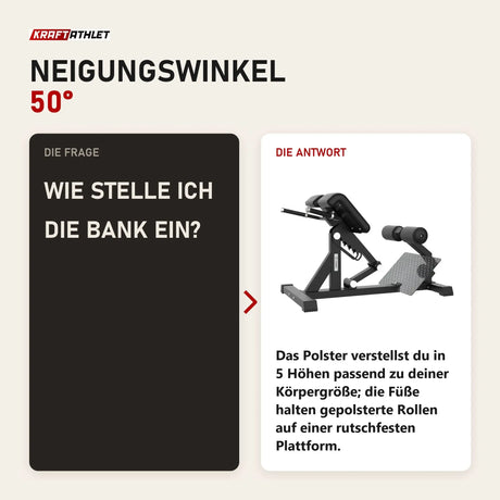 Frage und Antwort zu Titanium Strength Elite Series Hyperextension Bank Römischer Stuhl: Wie stelle ich die Bank ein?