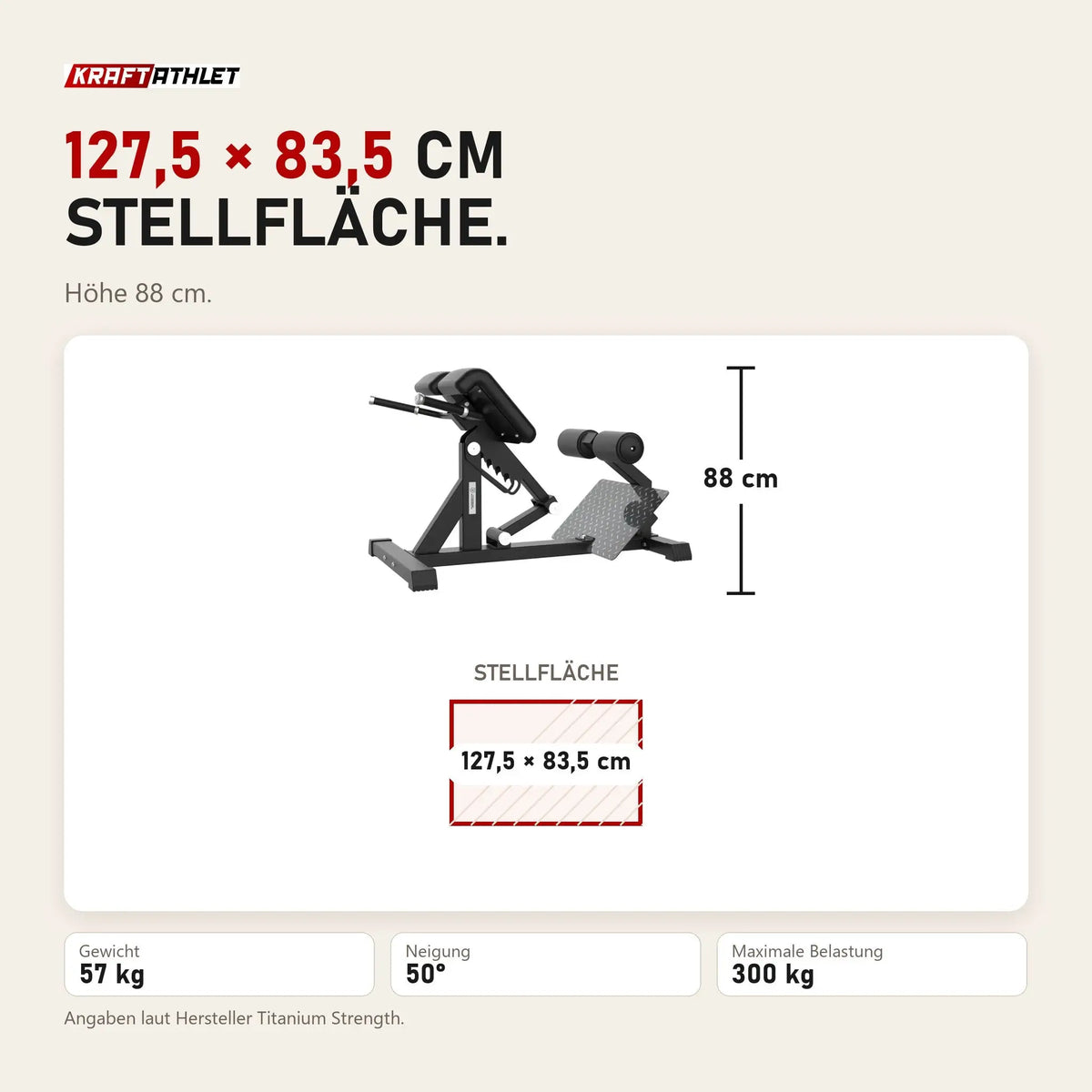 Maßbild Titanium Strength Elite Series Hyperextension Bank Römischer Stuhl: Stellfläche 127,5 × 83,5 cm, Höhe 88 cm