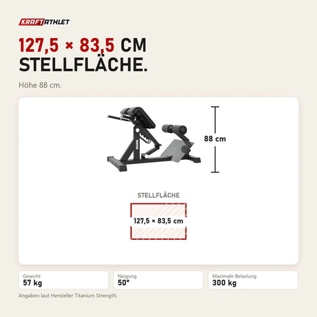 Maßbild Titanium Strength Elite Series Hyperextension Bank Römischer Stuhl: Stellfläche 127,5 × 83,5 cm, Höhe 88 cm