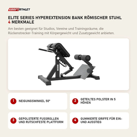 Titanium Strength Elite Series Hyperextension Bank Römischer Stuhl mit 4 Merkmalen: Neigungswinkel 50°, Geteiltes Polster in 5 Höhen, Gepolsterte Fußrollen und rutschfeste Plattform, Gummierte Griffe für Ein- und Ausstieg
