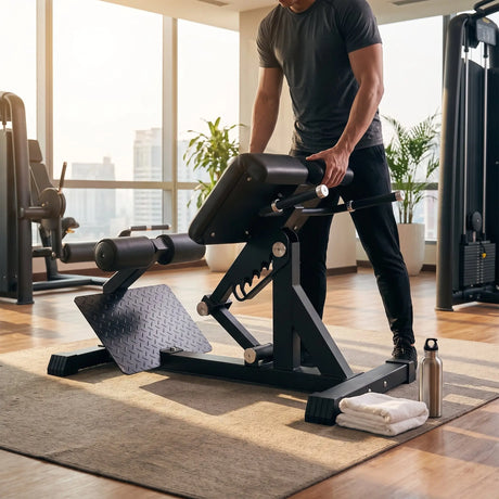 Titanium Strength Elite Series Hyperextension Bank Römischer Stuhl im Einsatz: Person stellt in einem hellen Hotel-Fitnessraum die Polsterhöhe ein