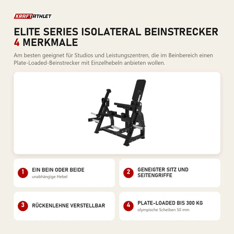 Titanium Strength Elite Series IsoLateral Beinstrecker mit 4 Merkmalen: Ein Bein oder beide, Geneigter Sitz und Seitengriffe, Rückenlehne verstellbar, Plate-Loaded bis 300 kg