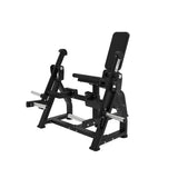 Titanium Strength Elite Series IsoLateral Beinstrecker – Schrägansicht von vorn mit Beinpolstern und Rückenlehne