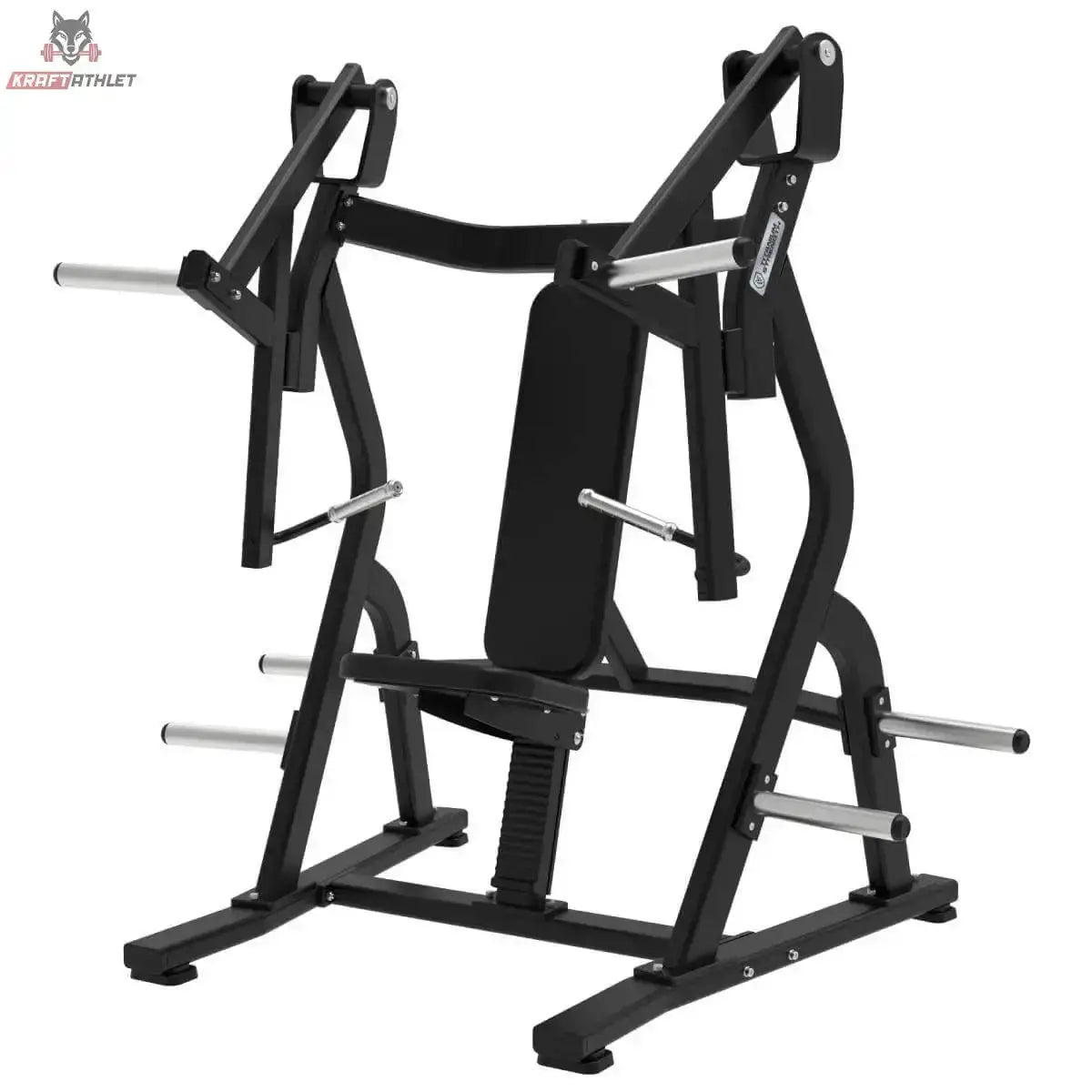 Titanium Strength Elite Series IsoLateral Bench Press – Schrägansicht von links mit Rückenpolster und Hebelarmen