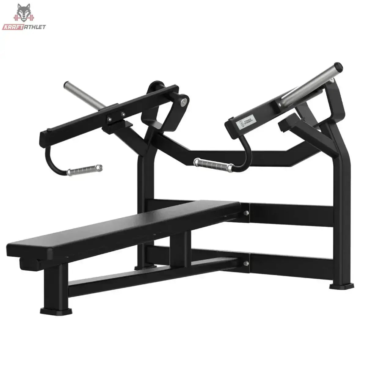 Titanium Strength Elite Series IsoLateral Horizontal Bench Press: Schrägansicht von rechts mit Flachbank und Griffen