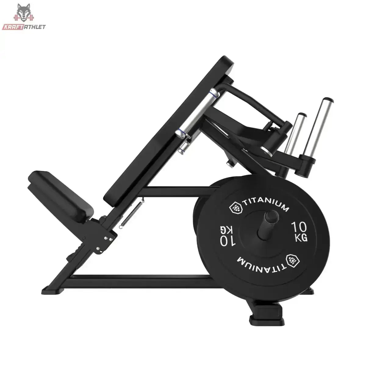 Titanium Strength Elite Series IsoLateral Incline Pec Fly – Seitenansicht von links mit Scheibe und Fußstütze