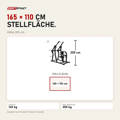 Maßbild Titanium Strength Elite Series IsoLateral Latzug: Stellfläche 165 × 110 cm, Höhe 205 cm