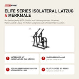 Titanium Strength Elite Series IsoLateral Latzug mit 4 Merkmalen: Untergriff mit Handflächen zum Körper, Divergierende Arme, Sitz und Oberschenkelpolster höhenverstellbar, Plate-Loaded bis 300 kg