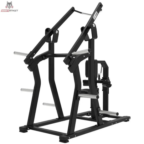 Titanium Strength Elite Series IsoLateral Latzug in Schrägansicht von hinten mit Scheibenhornen