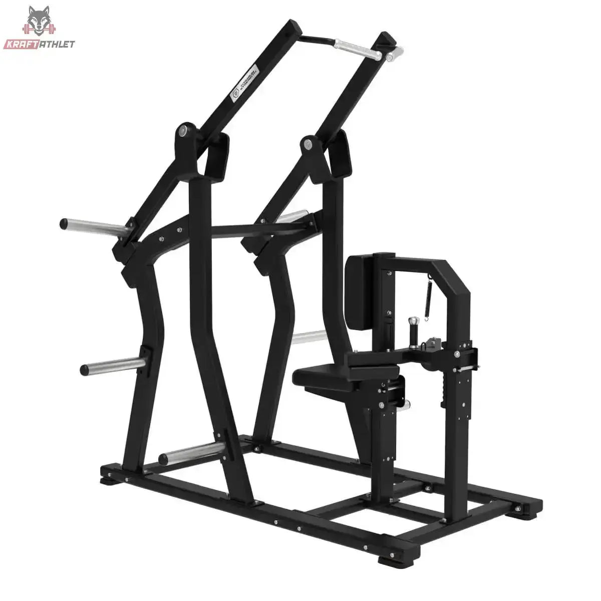 Titanium Strength Elite Series IsoLateral Latzug in Schrägansicht von vorn mit Sitz und Knieauflage