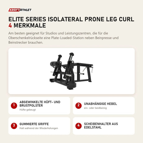 Titanium Strength Elite Series IsoLateral Prone Leg Curl mit 4 Merkmalen: Abgewinkelte Hüft- und Brustpolster, Unabhängige Hebel, Gummierte Griffe, Scheibenhalter aus Edelstahl