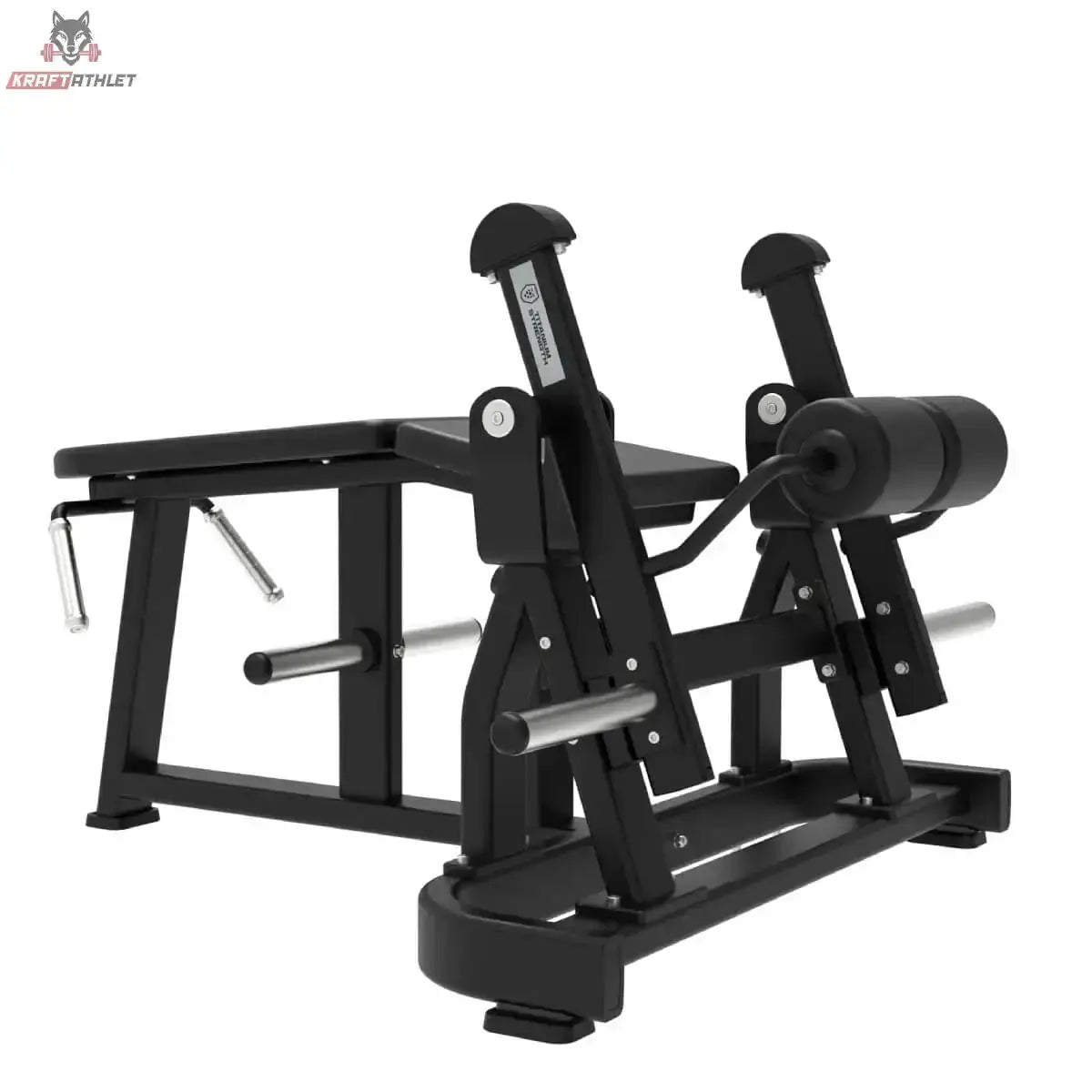 Titanium Strength Elite Series IsoLateral Prone Leg Curl in Schrägansicht von rechts mit Hebelarmen und Griffen