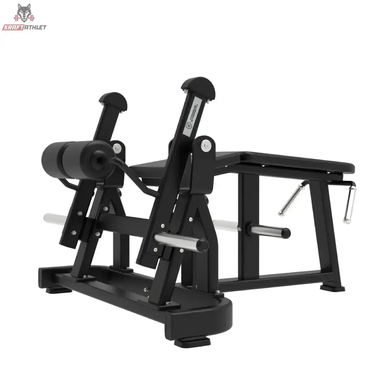 Titanium Strength Elite Series IsoLateral Prone Leg Curl in Schrägansicht von vorn mit Beinrollen und Liegepolster