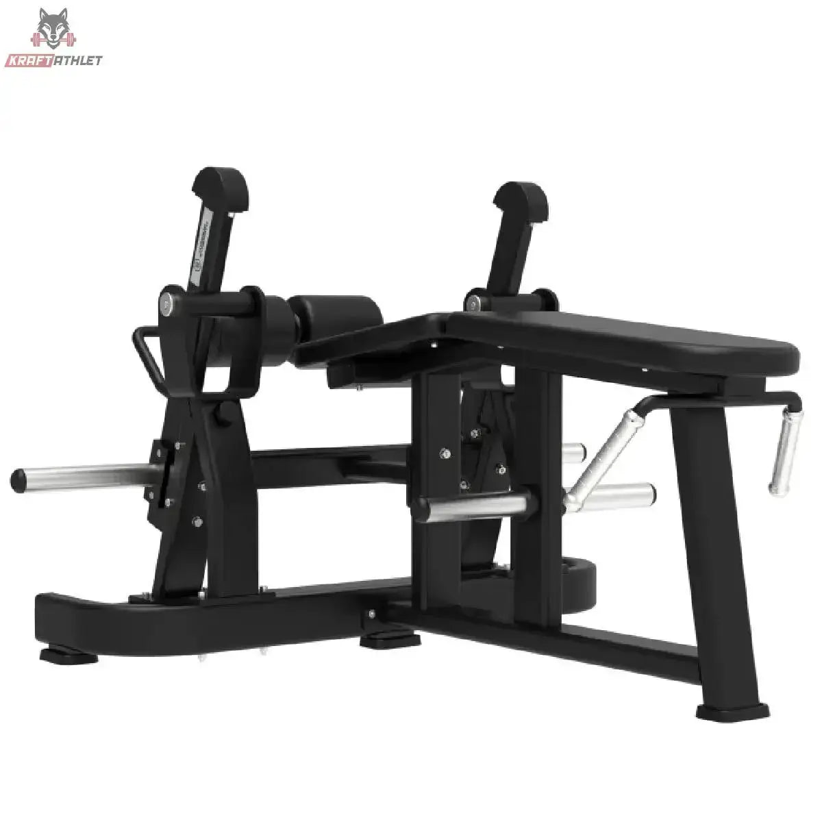 Titanium Strength Elite Series IsoLateral Prone Leg Curl in Seitenansicht mit Liegepolster, Beinrolle und Hebelarm
