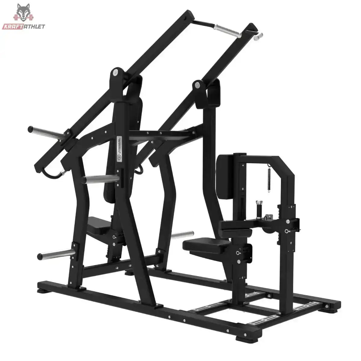 Titanium Strength Elite Series IsoLateral Brustpresse und Latzug in Schrägansicht von hinten rechts mit beiden Hebelarmen