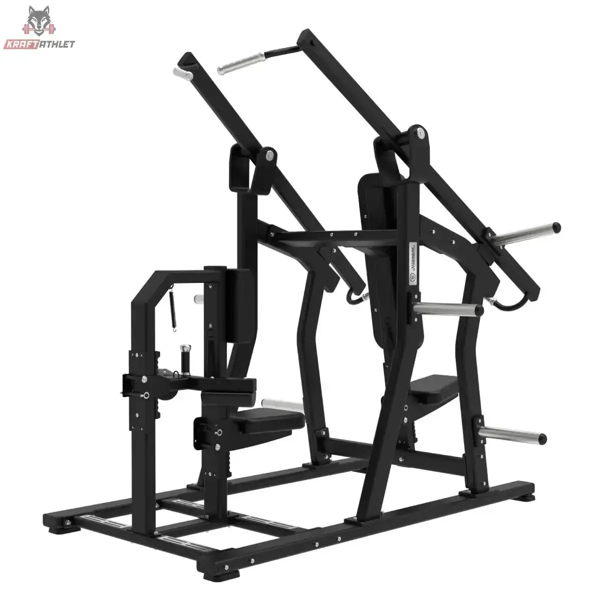 Titanium Strength Elite Series IsoLateral Brustpresse und Latzug in Schrägansicht von hinten mit Sitz und Knieauflage