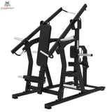 Titanium Strength Elite Series IsoLateral Brustpresse und Latzug in Schrägansicht von links, schwarzer Rahmen mit Scheibenhornen