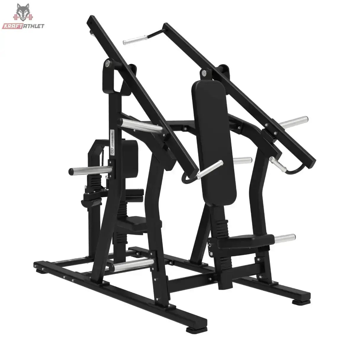 Titanium Strength Elite Series IsoLateral Brustpresse und Latzug in Schrägansicht von vorn mit Rückenpolster und Zugarmen