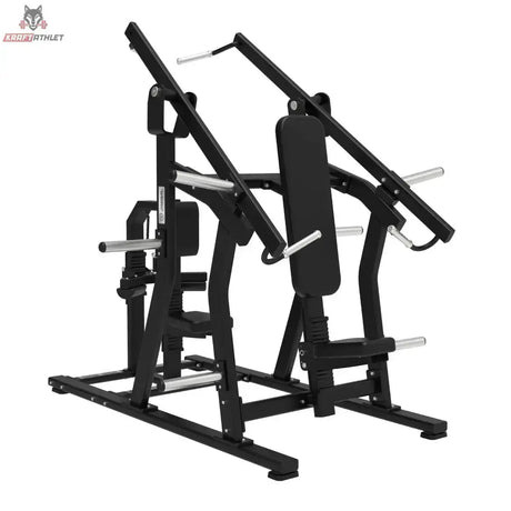 Titanium Strength Elite Series IsoLateral Brustpresse und Latzug in Schrägansicht von vorn mit Rückenpolster und Zugarmen