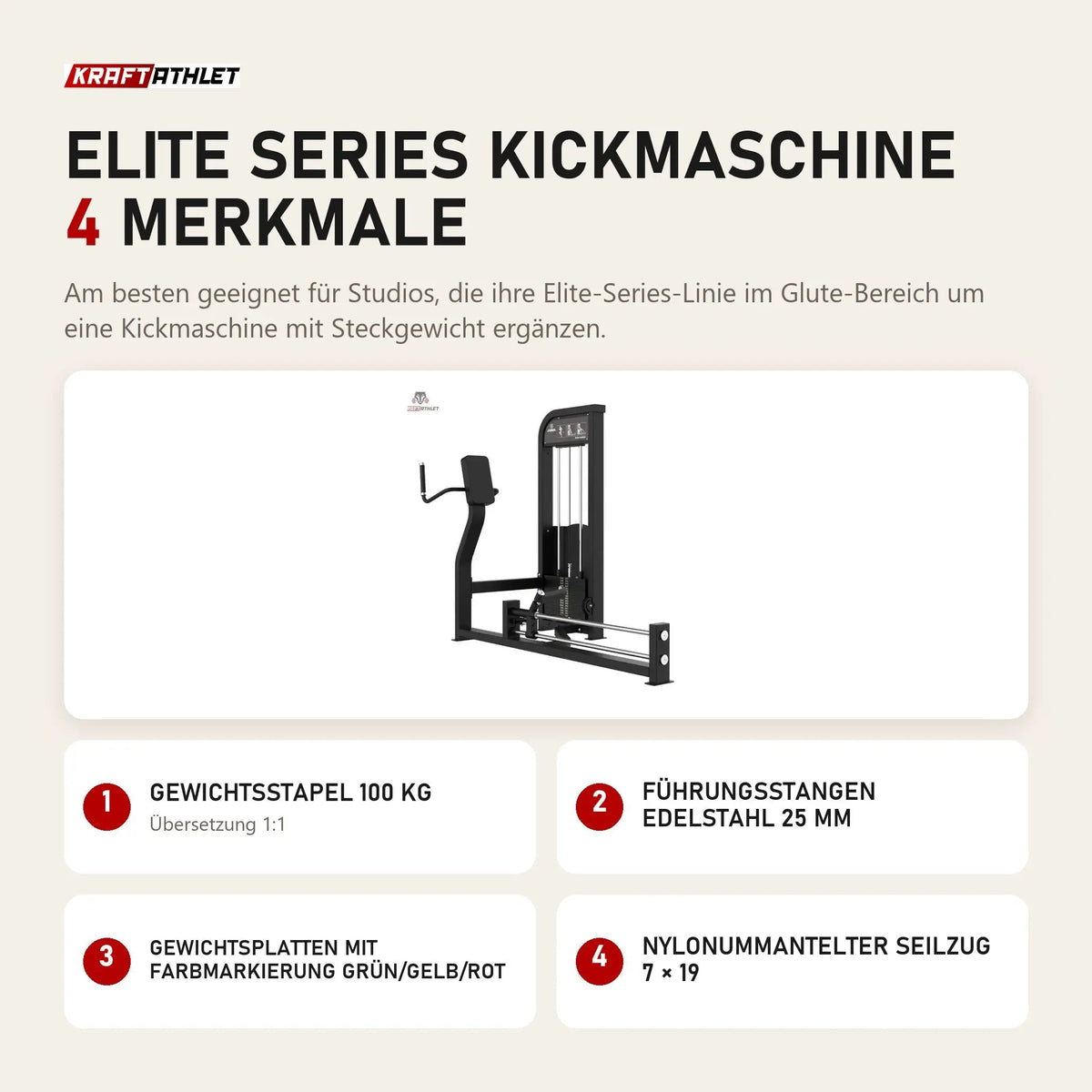 Titanium Strength Elite Series Kickmaschine mit 4 Merkmalen: Gewichtsstapel 100 kg, Führungsstangen Edelstahl 25 mm, Gewichtsplatten mit Farbmarkierung Grün/Gelb/Rot, Nylonummantelter Seilzug 7 × 19