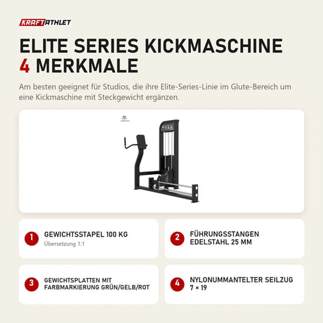 Titanium Strength Elite Series Kickmaschine mit 4 Merkmalen: Gewichtsstapel 100 kg, Führungsstangen Edelstahl 25 mm, Gewichtsplatten mit Farbmarkierung Grün/Gelb/Rot, Nylonummantelter Seilzug 7 × 19