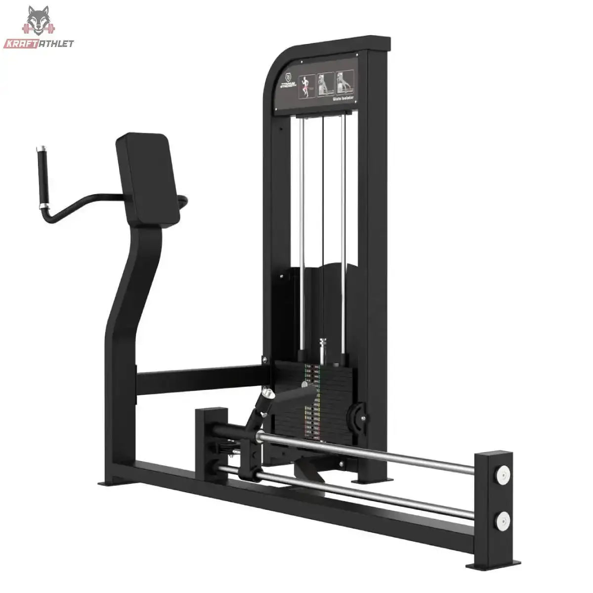 Titanium Strength Elite Series Kickmaschine – Schrägansicht mit Brustpolster, Bodenschiene und Gewichtsturm