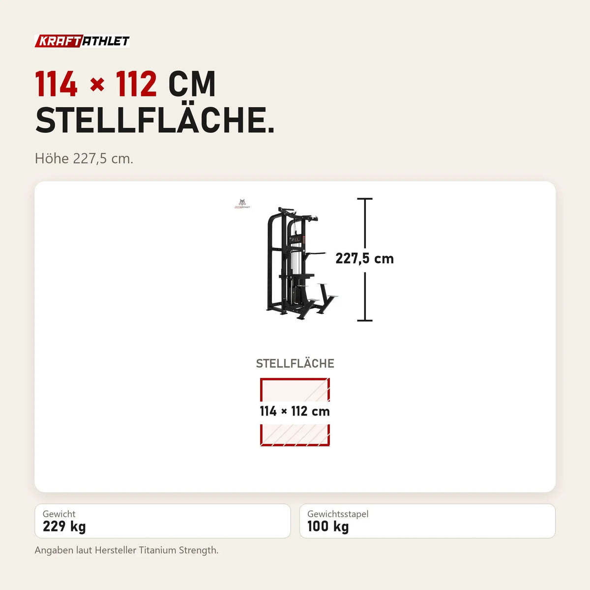 Maßbild Titanium Strength Elite Series Klimmzug-Dipsmaschine: Stellfläche 114 × 112 cm, Höhe 227,5 cm