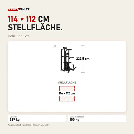 Maßbild Titanium Strength Elite Series Klimmzug-Dipsmaschine: Stellfläche 114 × 112 cm, Höhe 227,5 cm
