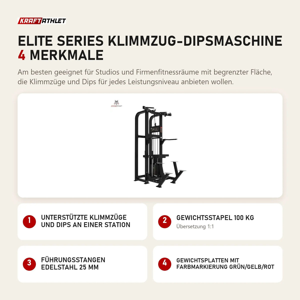 Titanium Strength Elite Series Klimmzug-Dipsmaschine mit 4 Merkmalen: Unterstützte Klimmzüge und Dips an einer Station, Gewichtsstapel 100 kg, Führungsstangen Edelstahl 25 mm, Gewichtsplatten mit Farbmarkierung Grün/Gelb/Rot