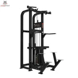 Titanium Strength Elite Series Klimmzug-Dipsmaschine – Schrägansicht mit Klimmzuggriffen, Dipgriffen und Kniepolster