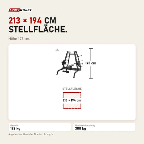 Maßbild Titanium Strength Elite Series Konvergierende Smith Multipresse: Stellfläche 213 × 194 cm, Höhe 175 cm