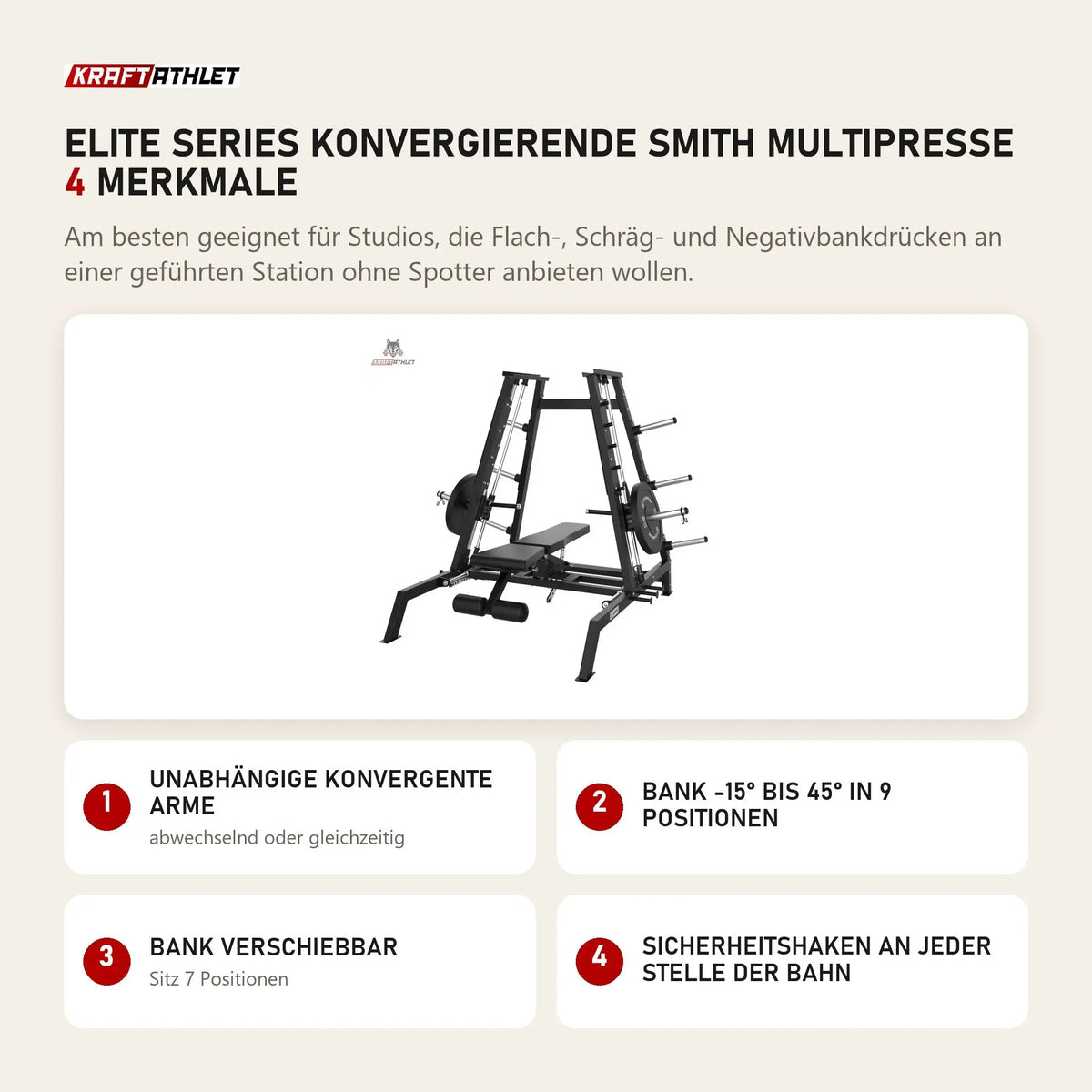 Titanium Strength Elite Series Konvergierende Smith Multipresse mit 4 Merkmalen: Unabhängige konvergente Arme, Bank -15° bis 45° in 9 Positionen, Bank verschiebbar, Sicherheitshaken an jeder Stelle der Bahn