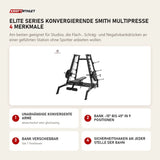Titanium Strength Elite Series Konvergierende Smith Multipresse mit 4 Merkmalen: Unabhängige konvergente Arme, Bank -15° bis 45° in 9 Positionen, Bank verschiebbar, Sicherheitshaken an jeder Stelle der Bahn