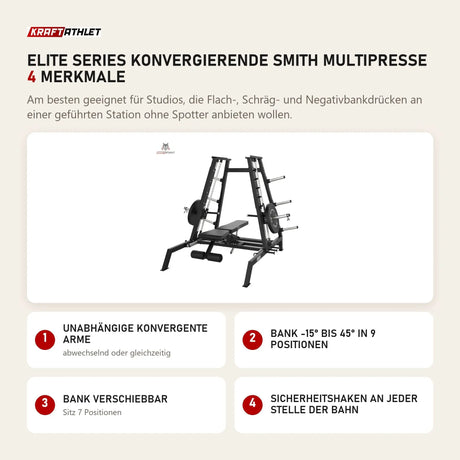 Titanium Strength Elite Series Konvergierende Smith Multipresse mit 4 Merkmalen: Unabhängige konvergente Arme, Bank -15° bis 45° in 9 Positionen, Bank verschiebbar, Sicherheitshaken an jeder Stelle der Bahn