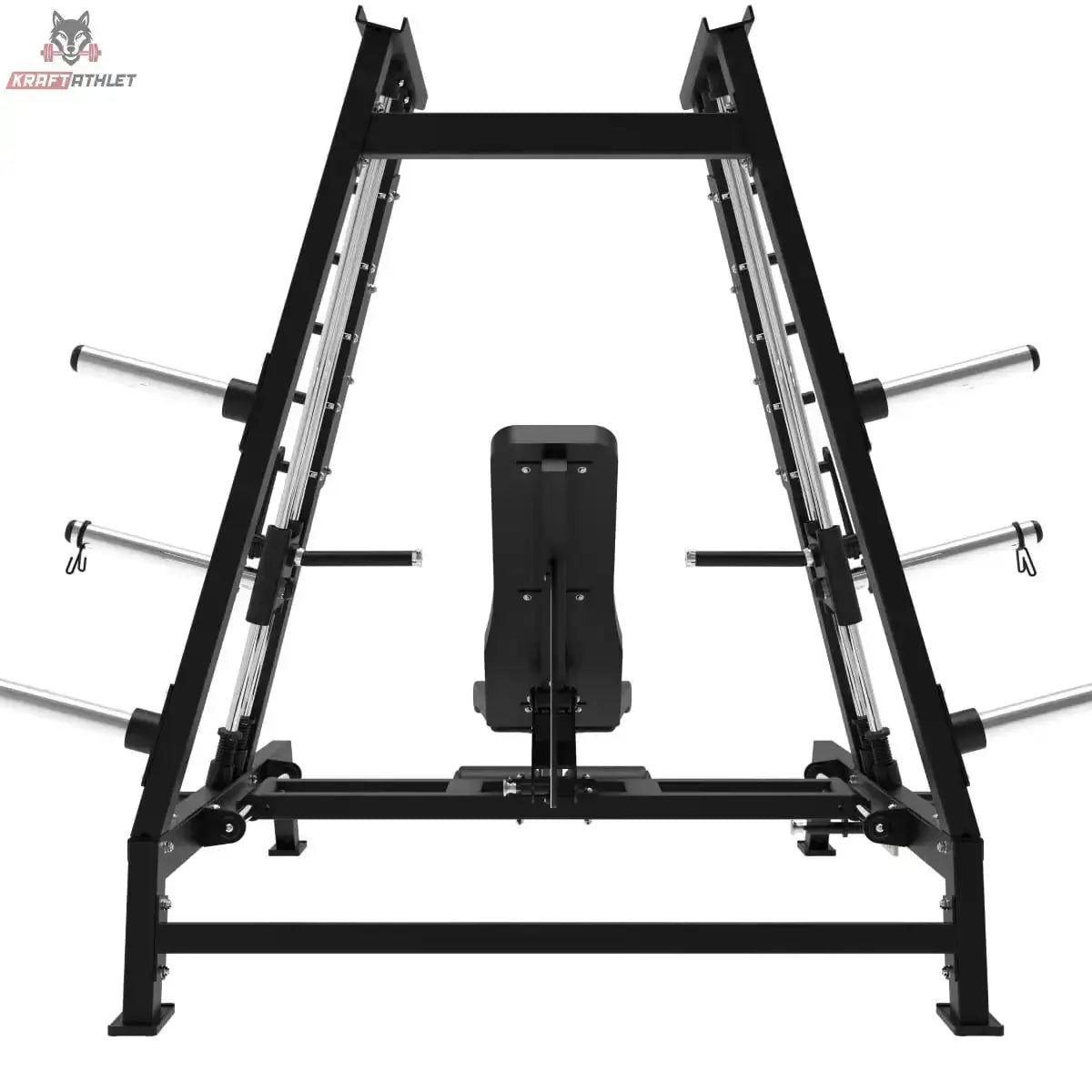 Titanium Strength Elite Series Konvergierende Smith Multipresse – Rückansicht mit Rahmen, Scheibenhaltern und Rückenlehne