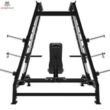Titanium Strength Elite Series Konvergierende Smith Multipresse – Rückansicht mit Rahmen, Scheibenhaltern und Rückenlehne