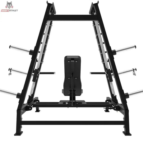 Titanium Strength Elite Series Konvergierende Smith Multipresse – Rückansicht mit Rahmen, Scheibenhaltern und Rückenlehne