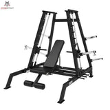Titanium Strength Elite Series Konvergierende Smith Multipresse – Schrägansicht mit aufgestellter Schrägbank und Beinrollen