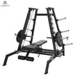 Titanium Strength Elite Series Konvergierende Smith Multipresse – Schrägansicht mit Flachbank, Beinrollen und Scheibenhaltern