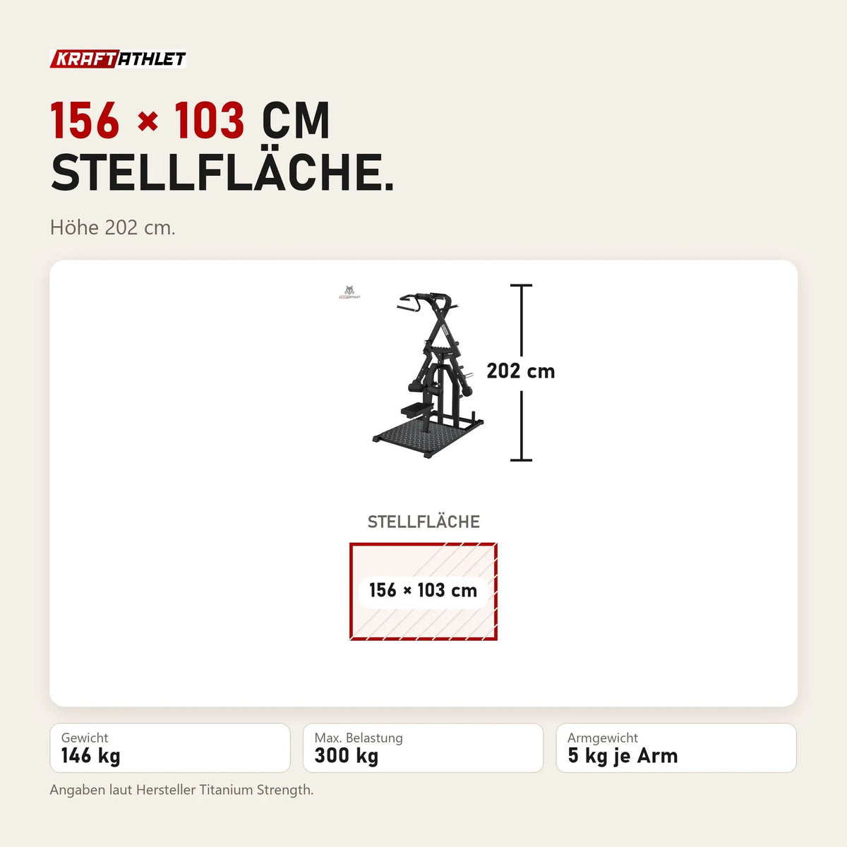 Maßbild Titanium Strength Elite Series Kreisförmiger Lat-Zug: Stellfläche 156 × 103 cm, Höhe 202 cm