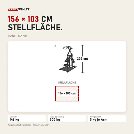 Maßbild Titanium Strength Elite Series Kreisförmiger Lat-Zug: Stellfläche 156 × 103 cm, Höhe 202 cm