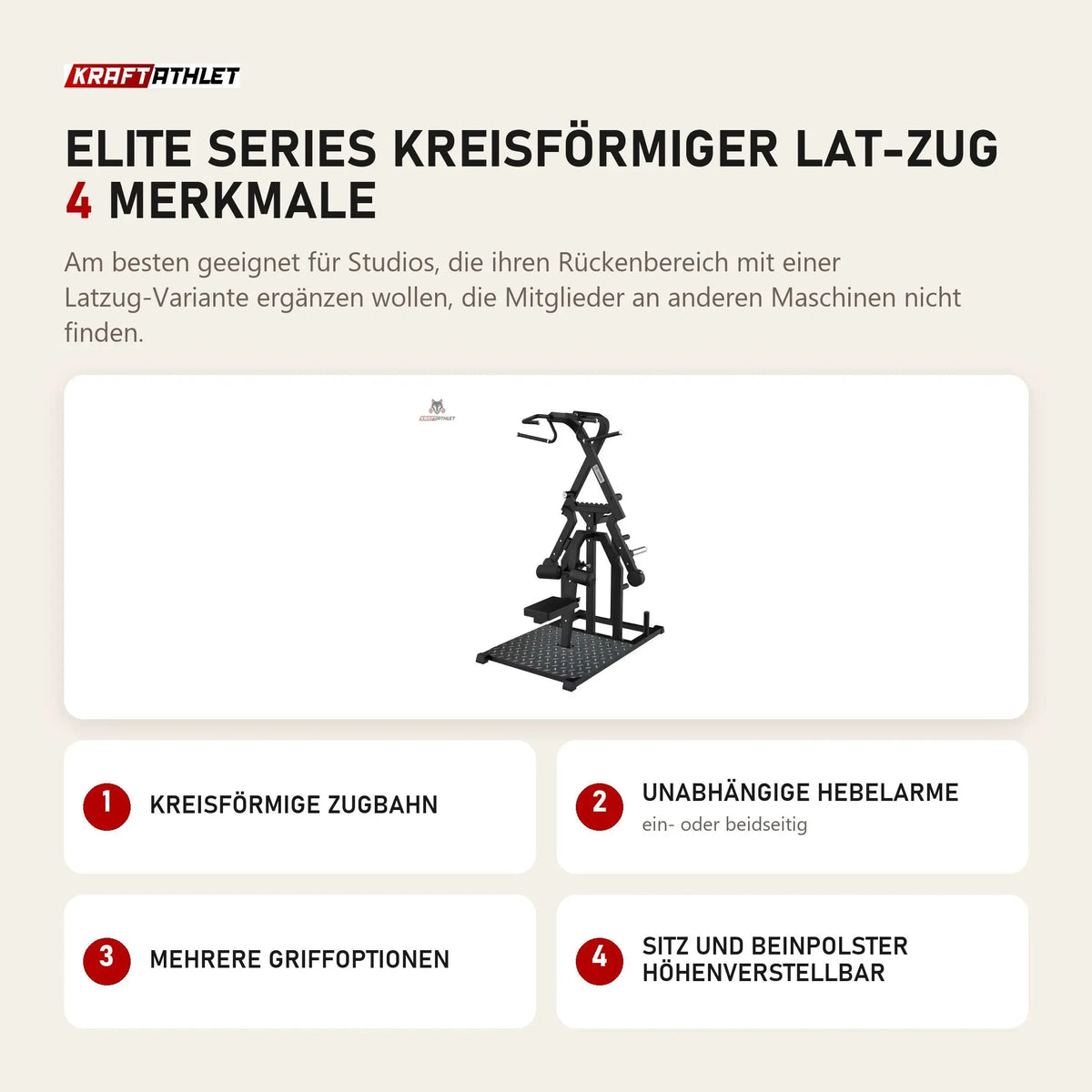 Titanium Strength Elite Series Kreisförmiger Lat-Zug mit 4 Merkmalen: Kreisförmige Zugbahn, Unabhängige Hebelarme, Mehrere Griffoptionen, Sitz und Beinpolster höhenverstellbar