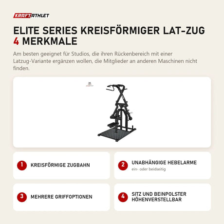 Titanium Strength Elite Series Kreisförmiger Lat-Zug mit 4 Merkmalen: Kreisförmige Zugbahn, Unabhängige Hebelarme, Mehrere Griffoptionen, Sitz und Beinpolster höhenverstellbar