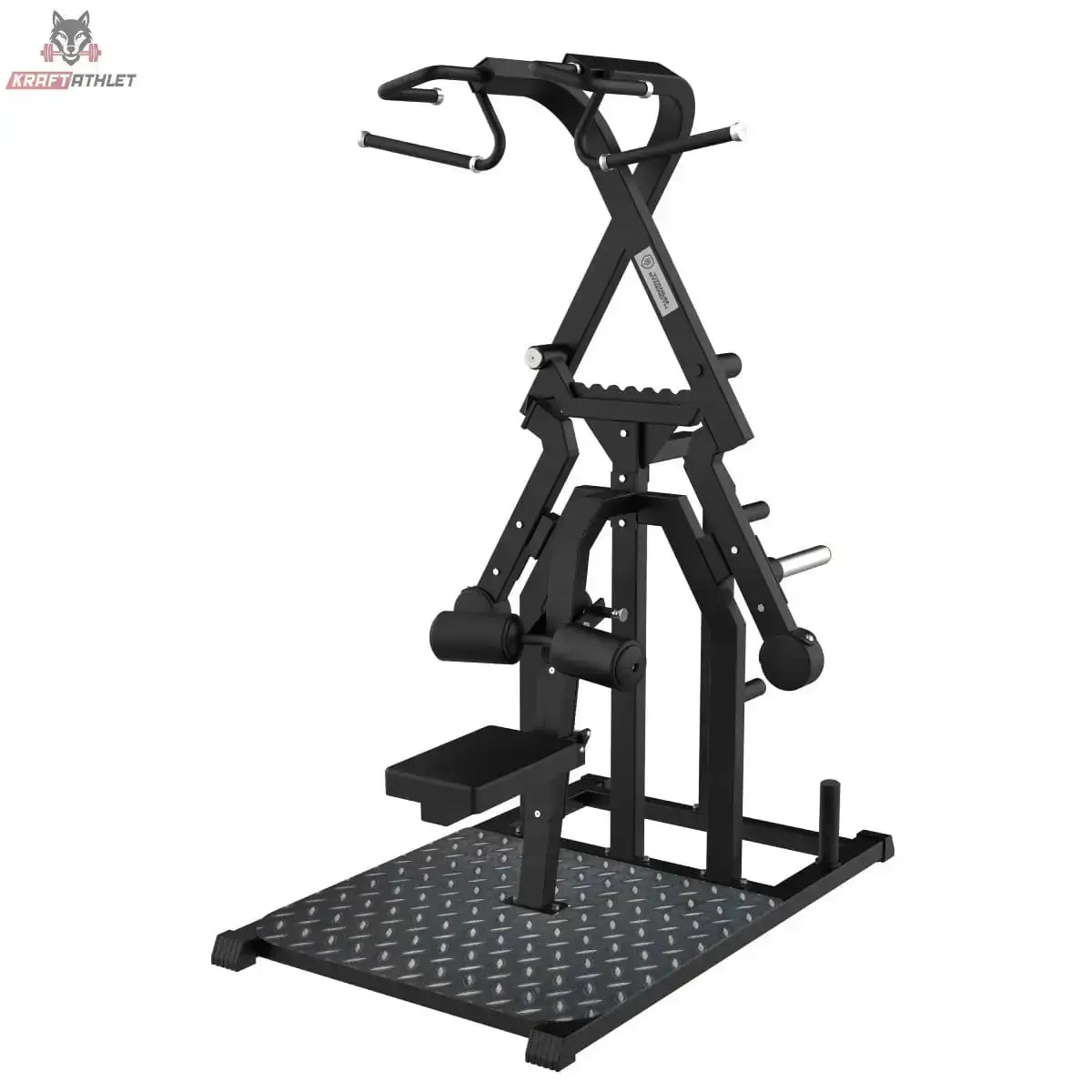 Titanium Strength Elite Series Kreisförmiger Lat-Zug in Schrägansicht mit Sitz, Knierolle und Griffen