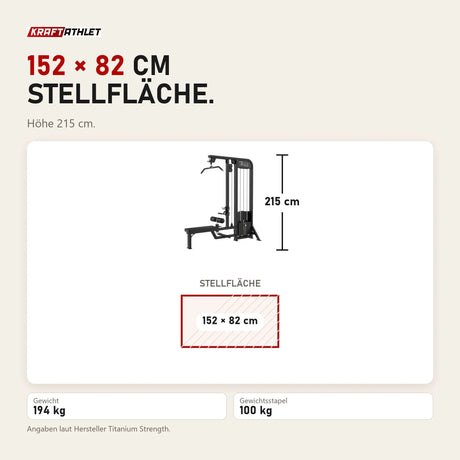 Maßbild Titanium Strength Elite Series Lat Pulldown and Seated Row: Stellfläche 152 × 82 cm, Höhe 215 cm