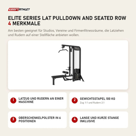 Titanium Strength Elite Series Lat Pulldown and Seated Row mit 4 Merkmalen: Latzug und Rudern an einer Maschine, Gewichtsstapel 100 kg, Oberschenkelpolster in 6 Positionen, Lange und kurze Stange inklusive