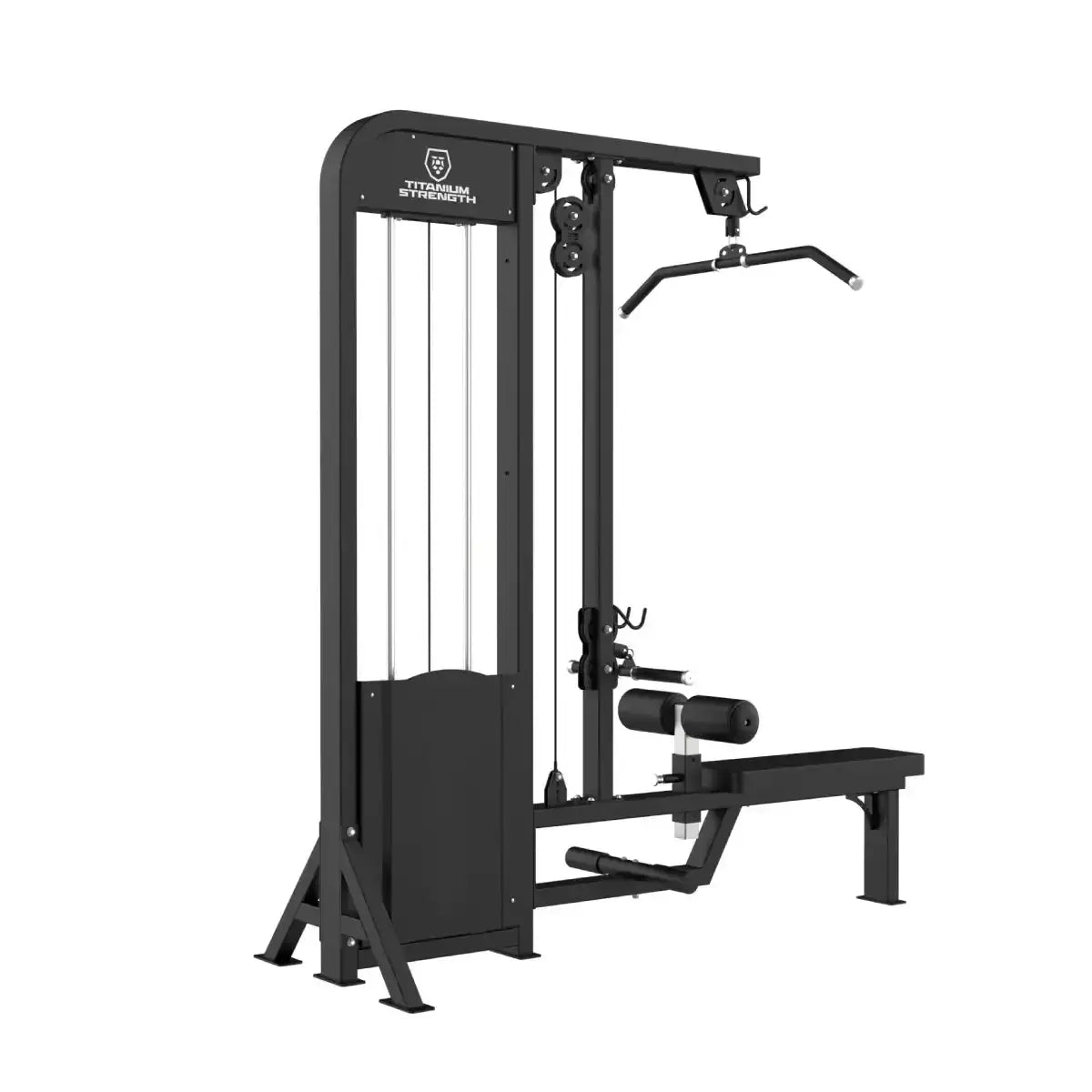 Titanium Strength Elite Series Lat Pulldown and Seated Row – Schrägansicht von der anderen Seite mit Gewichtsturm und Bank