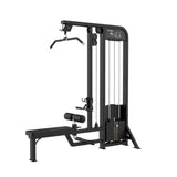 Titanium Strength Elite Series Lat Pulldown and Seated Row – Schrägansicht mit Latzugstange, Ruderbank und Gewichtsturm
