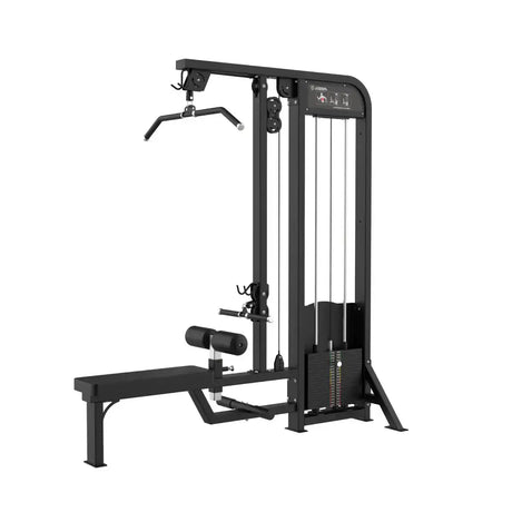 Titanium Strength Elite Series Lat Pulldown and Seated Row – Schrägansicht mit Latzugstange, Ruderbank und Gewichtsturm