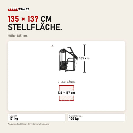 Maßbild Titanium Strength Elite Series Lat Pulldown: Stellfläche 135 × 137 cm, Höhe 185 cm